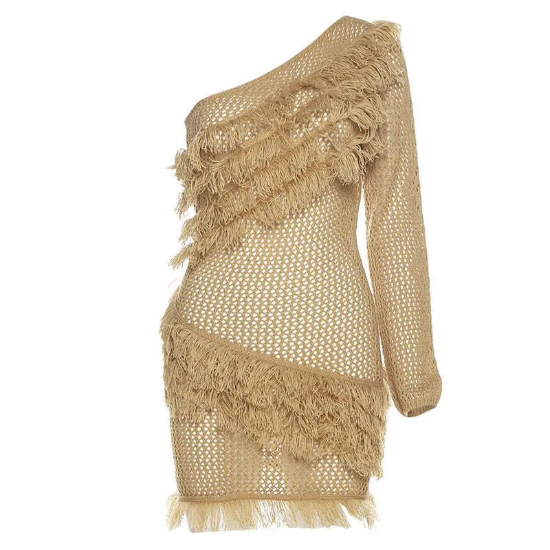 LIZAKOSHT  -  Missnight One Shoulder Tassel Crochet Knit Dress Sexy Hollow Beach Party Club Costume Long Sleeve Tight Mini Dress