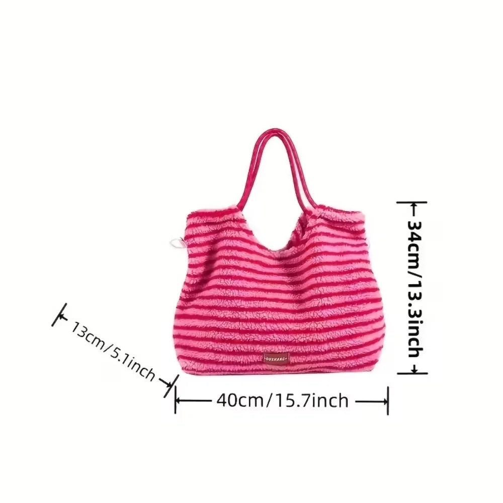 LIZAKOSHT  -  Striped Tote Bag For Women Cute Travel Plush Simple Shoulder Bag Fluffy Large Capacity Handbag For Winter