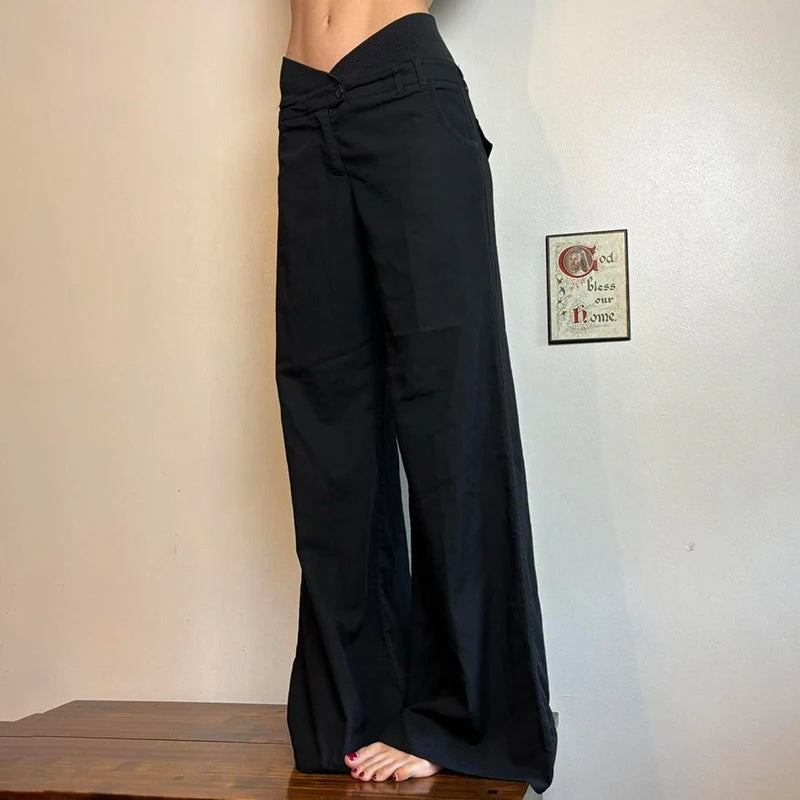 LIZAKOSHT  -  Irregular Waist Flared Pants Baggy Boot Cut Trousers Casual Basic All-match Streetwear Chic Fashion Outfits Women