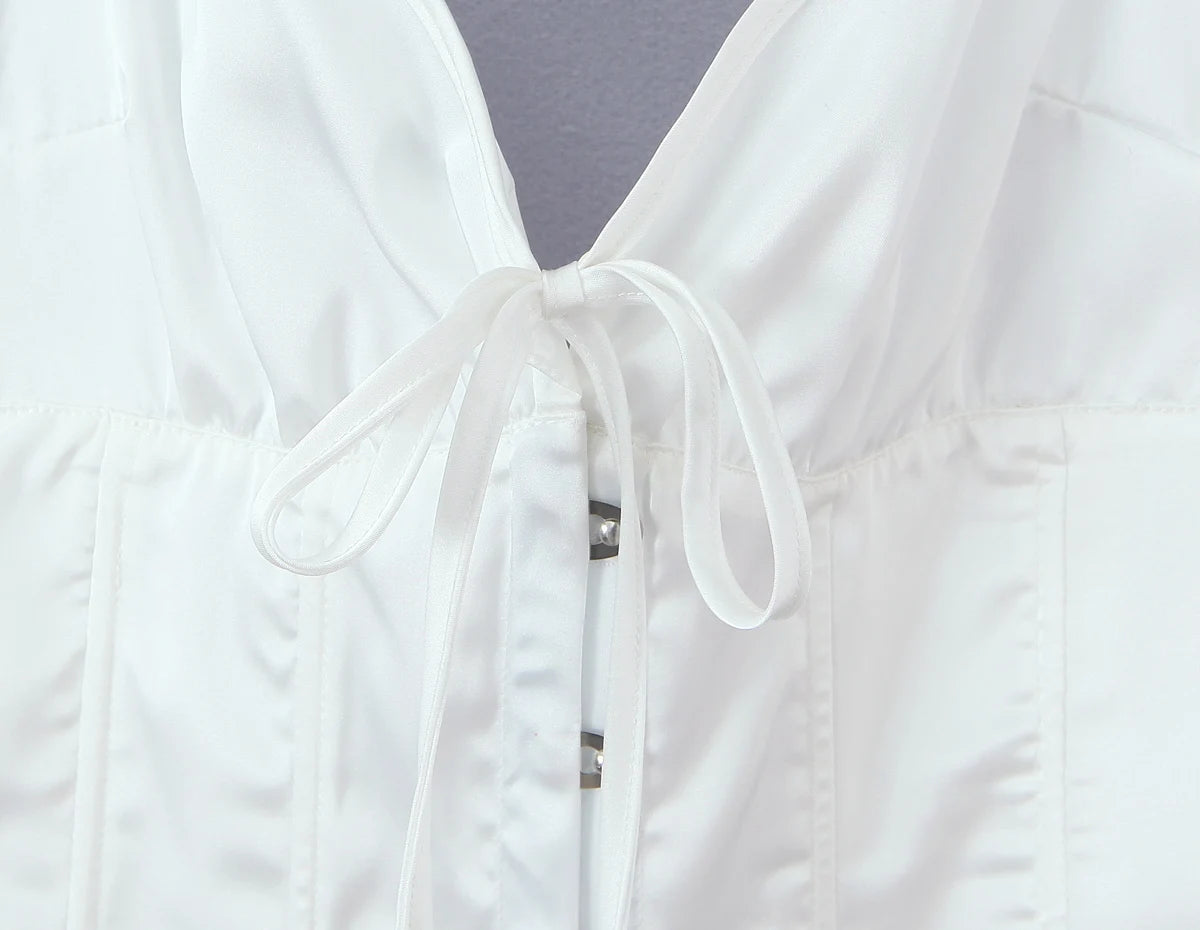 LIZAKOSHT  -  Sexy White Satin Bow Halter V neck Open Hook Buttons Slim Tank Top Women Cross Lacing Up Bandage Back Backless Tee Summer Vest