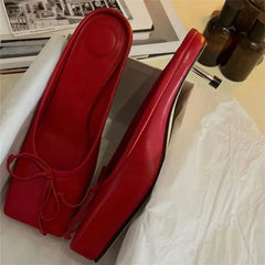 LIZAKOSHT  -  Fashion Square Toe Women Slippers High Heel Dress Pumps Red Shoes Woman Luxury Bowknot Ladies Sandals Runway Mules
