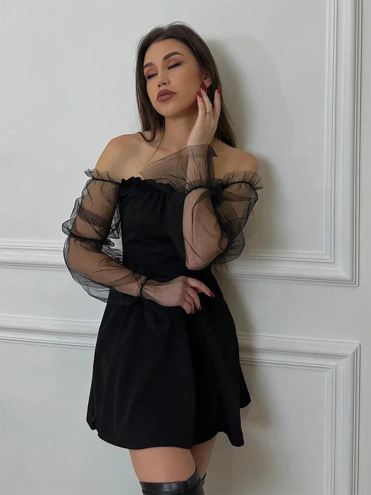 LIZAKOSHT  -  Women Black Gauze Bubble Sleeve Dress Chic Long Sleeves Strapless Off Shoulder A-line Mini Dresses Lady Evening Party Robe