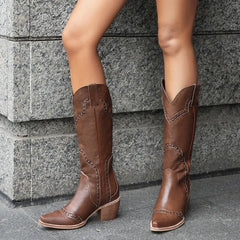 LIZAKOSHT -  New Fashion Retro Punk Rivets Western Boots Women Square Toe Chunky High Heels Slip On Mid-calf Riding Boots Large Size 41 42 43