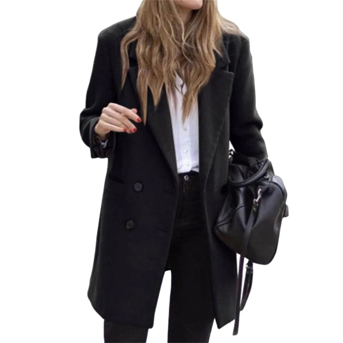 LIZAKOSHT  -  Women Lapel Double Breasted Coats Autumn Winter New In Fashion Jackets Sollid Color Lond Sleeve Pocket Jacket Lady Warm Outwears