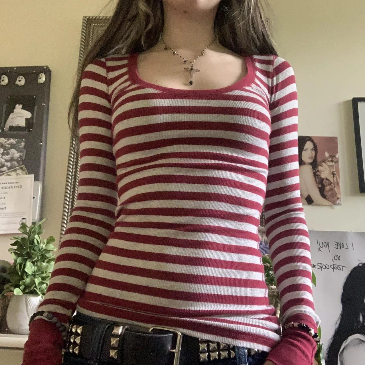 LIZAKOSHT  -   Women Y2k Grunge Striped Long Sleeve Tops Crew Neck Fall Slim Fit T Shirts 2000s Gothic Harajuku Aesthetic Tee Tops