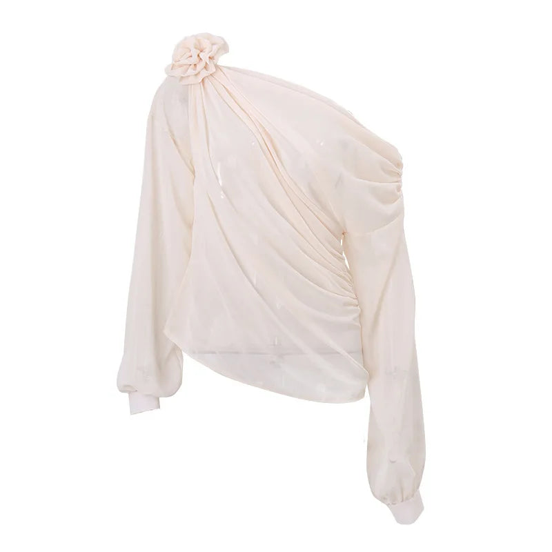 LIZAKOSHT  -  Sexy Elegant Irregular Oblique-neck Rose Flower Applique T Shirt Summer Off Shoulder Long Sleeve Crop Tops Street Mesh Tees
