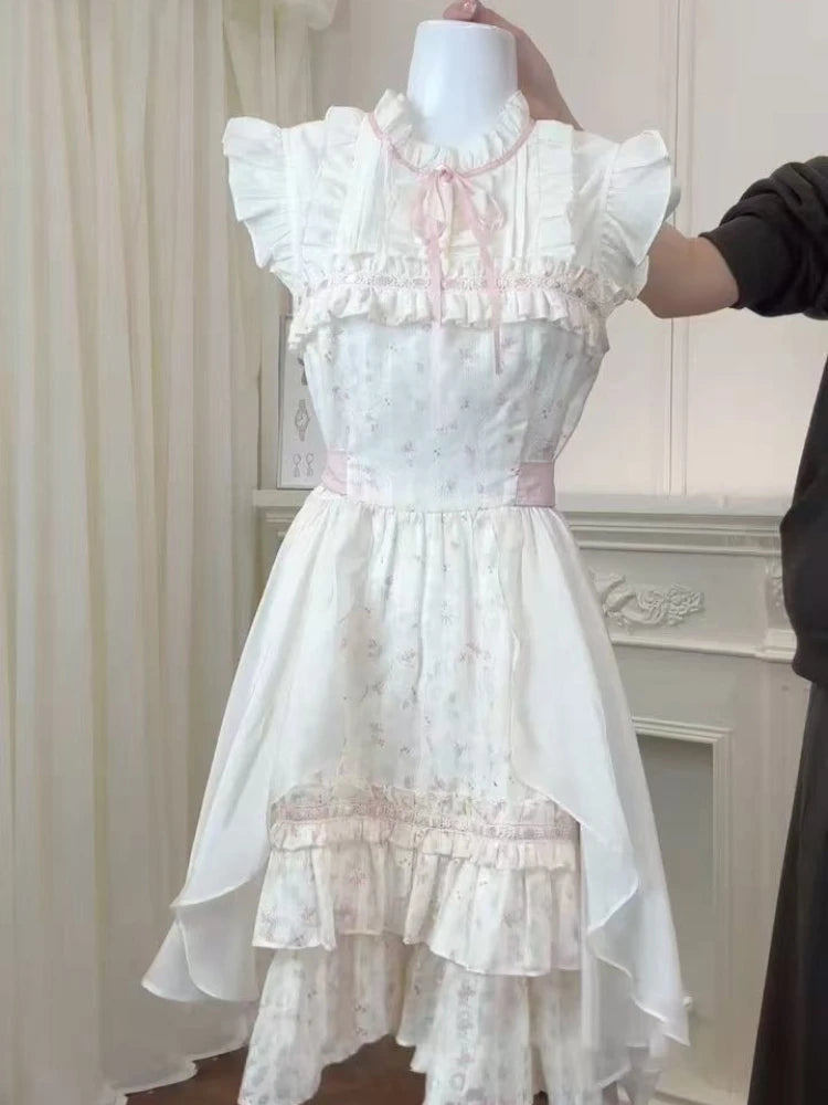 LIZAKOSHT  -  Vintage Japanese Print Elegant Sweet Slim Sleeveless Dress Summer New Designer Kawaii Warm Lace Pretty Bow Women's Dresses