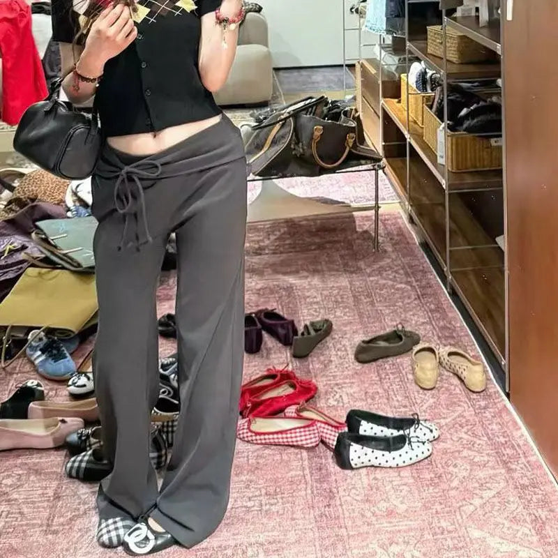 LIZAKOSHT  -   Korean Style Elegant Women Pants Baggy Lace Up Ruffles Sexy Low Waist Slim Casual Trousers Coquette Straight Pantalones