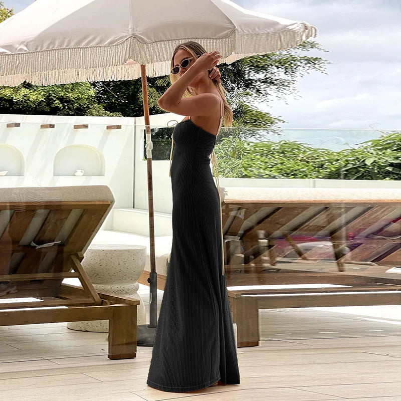 LIZAKOSHT  -  Knitted Sexy Backless Bandage Women Dress Yellow Spaghetti Strap Evening Dress Spring Slim Elegant Vacation Beachwear