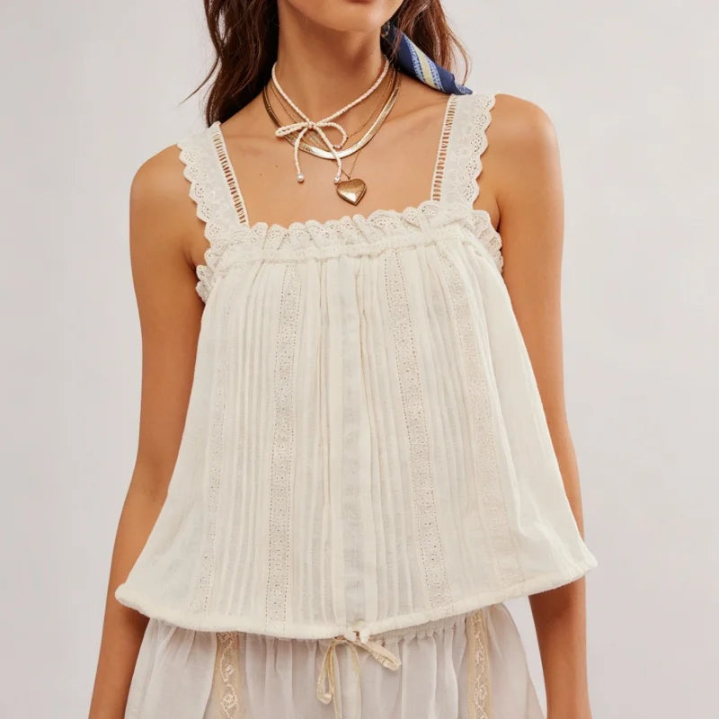 LIZAKOSHT  -  Women Y2K Lace Patchwork Tank Top Cute Solid Color Pleated Ruffle Hem Babydoll Vest Summer Fairy Grunge Crop Shirts ﻿