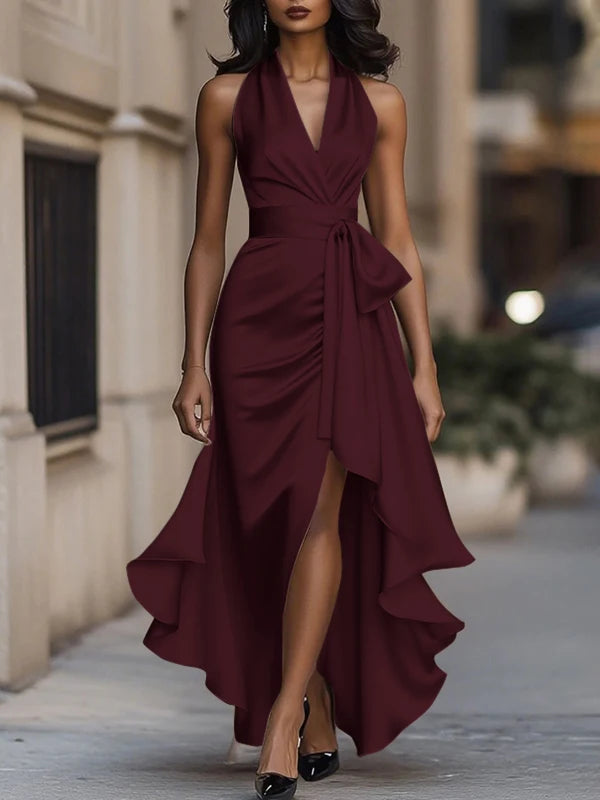 LIZAKOSHT  -  Women's Deep V-neck Ruffled Evening Gowns Solid Color Lace-up High Waist Satin Party Dresses Wedding Guests Dress