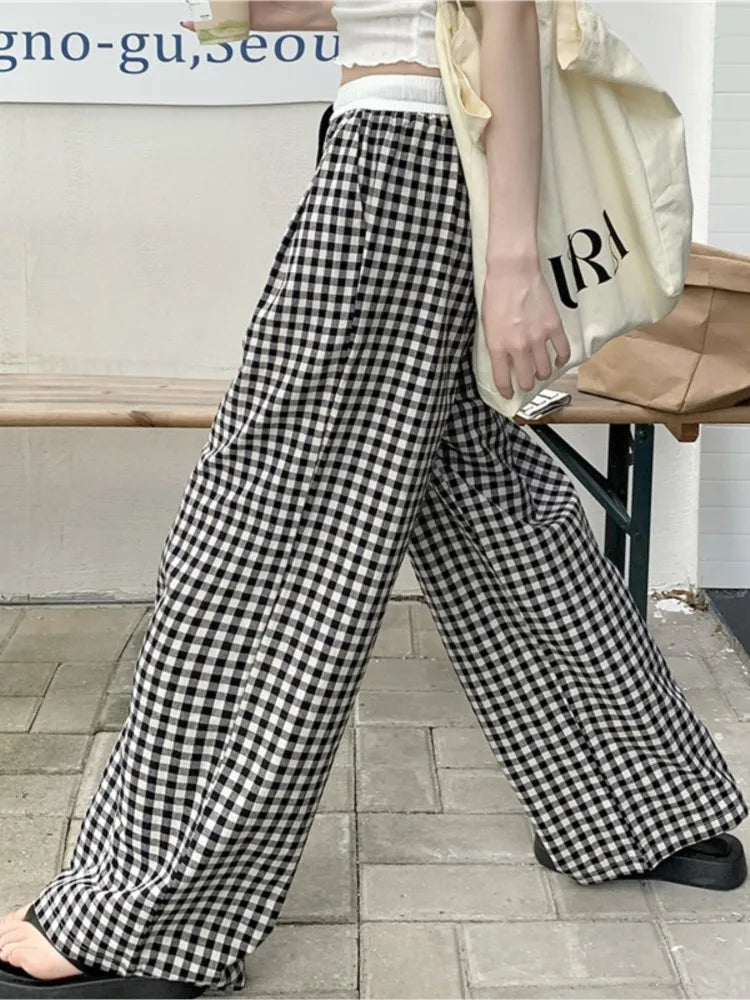 LIZAKOSHT  -  Spring Summer Thin High Waist Women's Plaid Wide Leg Pants Casual Elasticded Trousers Vintage Loose All-match Pants
