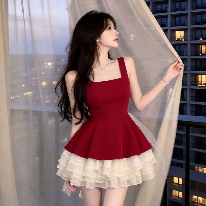 LIZAKOSHT  -  French Coquette Princess Lace Bow Mini Dress Women Slim Fit Ruched Wide Shoulder Strap Square Neck Party Clubwear Elegant Outfit