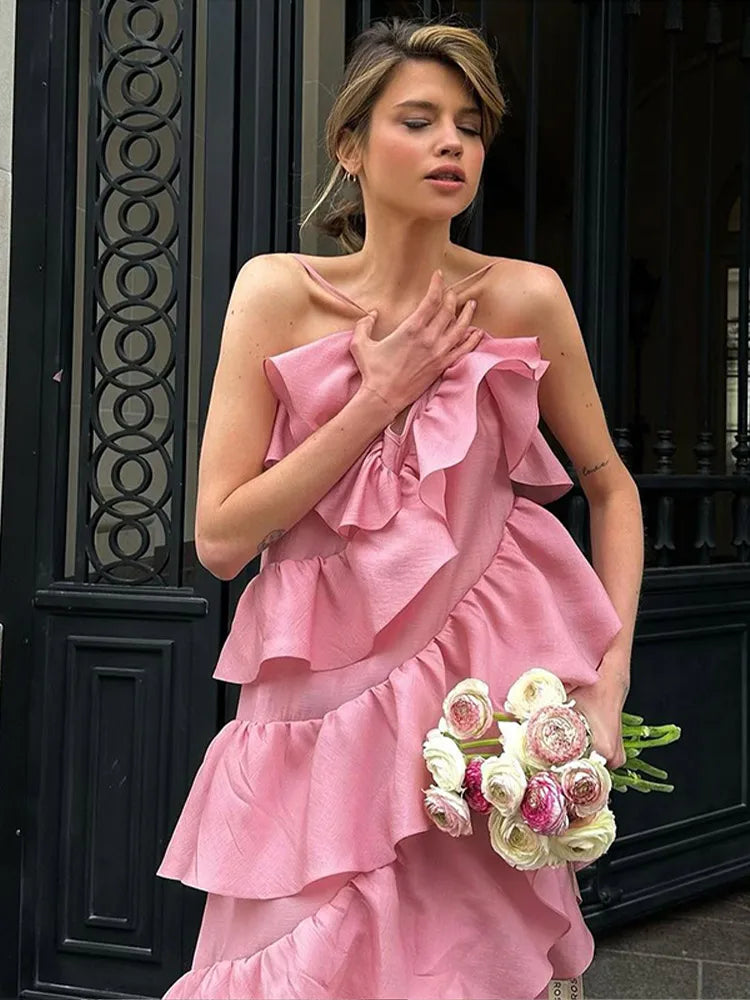 LIZAKOSHT  -  Solid Color Ruffle Camisole Long Dress Woman V Collar Irregular Backless Maxi Dress Lady New Design Street Party Vestidos