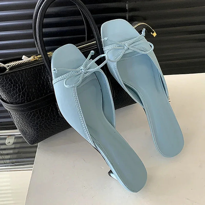 LIZAKOSHT  -  Fashion Kitten Heel Slippers for Women Satin Bow Concise Comfort Slides Female Summer New Low Heel Open Toe Mules Sandals Women