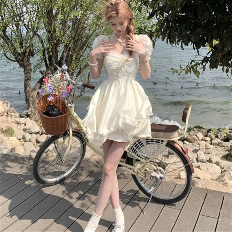 LIZAKOSHT  -  Summer Sweet Bow Chiffon Dress Vintage Fairy Irregular Square Collar Dress Sundress Princess Mini Pink Holiday Dress Vestido New