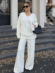 LIZAKOSHT  -  Casual Ribbed 2 Piece-Set Trousers Sets Women Solid Loose V-Neck Top And High Waist Wide-Leg Pants Sets New Female Outfits