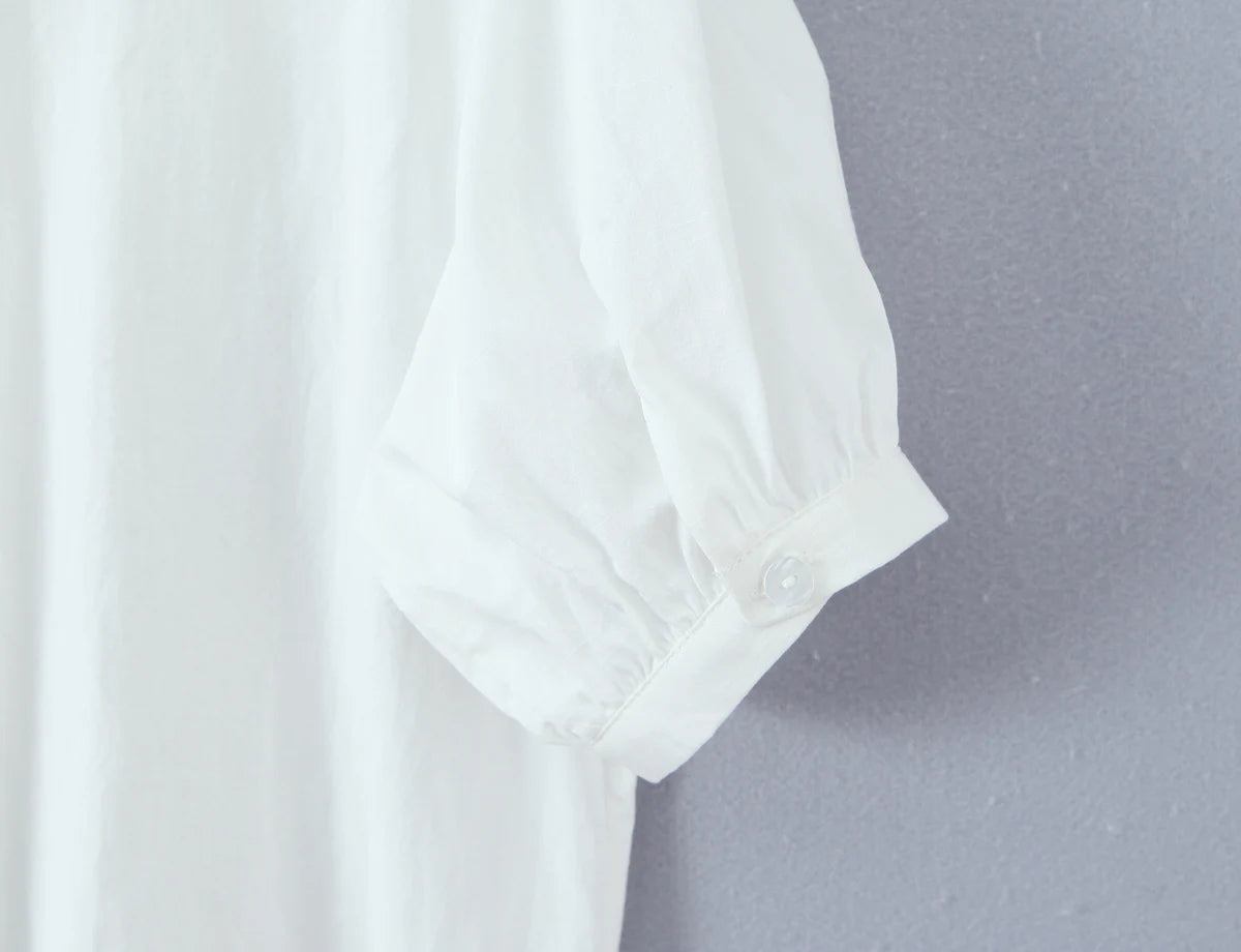 LIZAKOSHT  -  Holiday White Spliced Wood ears Lace Peter Pan Collar Short Puff Sleeve Shirt Women Fold Pleated Front Open Buttons Blouses Tops