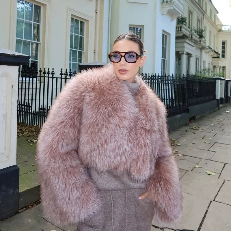 LIZAKOSHT  -  Women Solid Faux Fur Short Coat Elegant Long Sleeve Fluffy Loose Cropped Jacket Lady New Winter Warm High Street Outerwear 2025