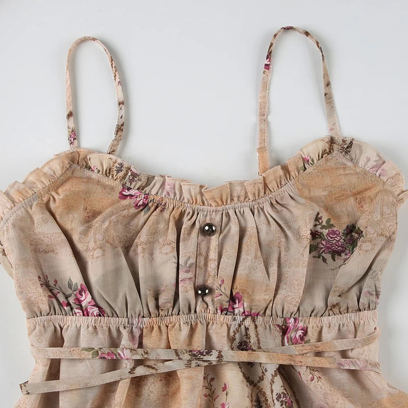 LIZAKOSHT  -  Vintage Print Ruffles Camisole y2k Aesthetic A Line Tie-up Tops for Women Summer Holiday Tank Top Cute Kawaii Clothes