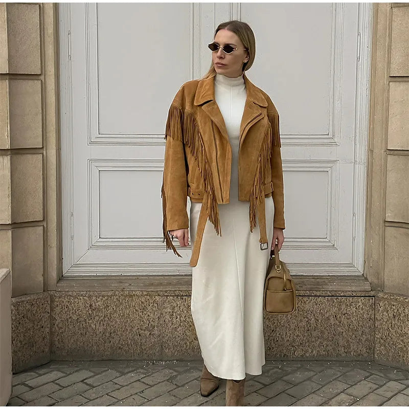 LIZAKOSHT  -  Elegant Camel Cropped Suede Jacket Women Lapel Full Sleeve Pocket Zipper Short Coat New Causal Autumn Lady Daily Streetwear 2025