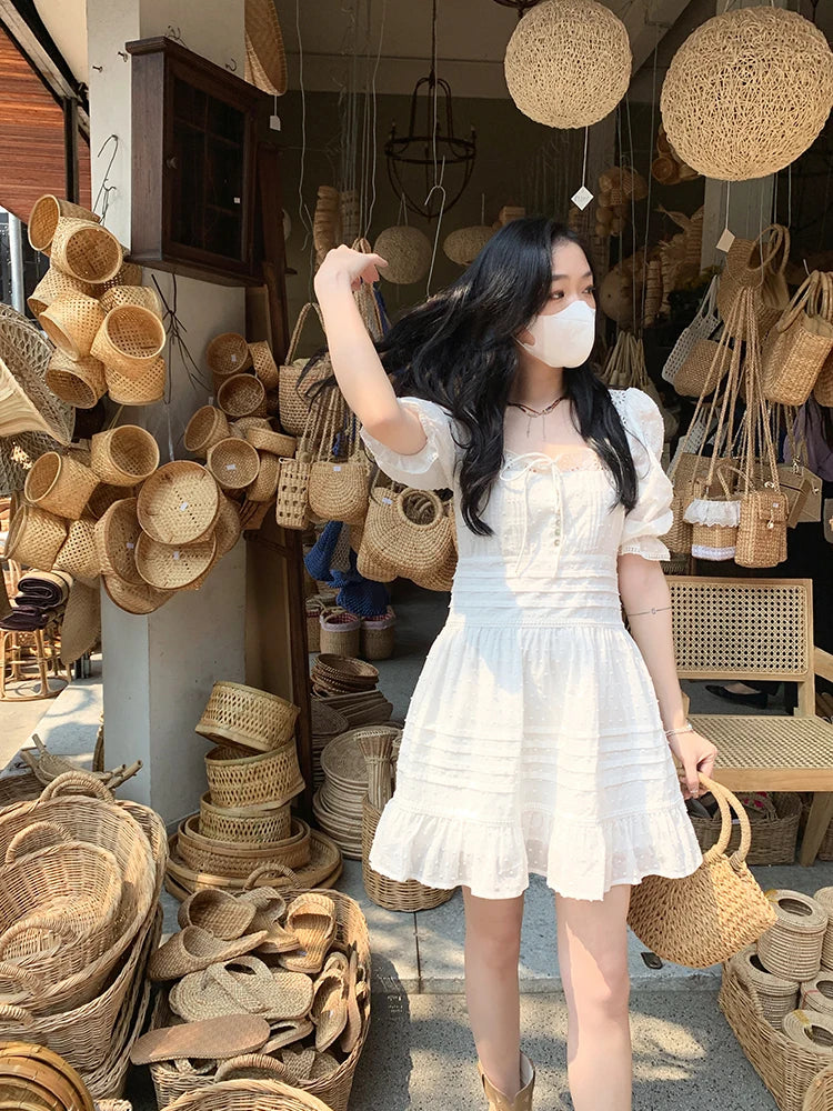 LIZAKOSHT  -   Summer French Vintage Dress Women Elegant Hollow Out Mini Dress Solid Lace Puff Sleeve One Piece Dress Korean Beach Style