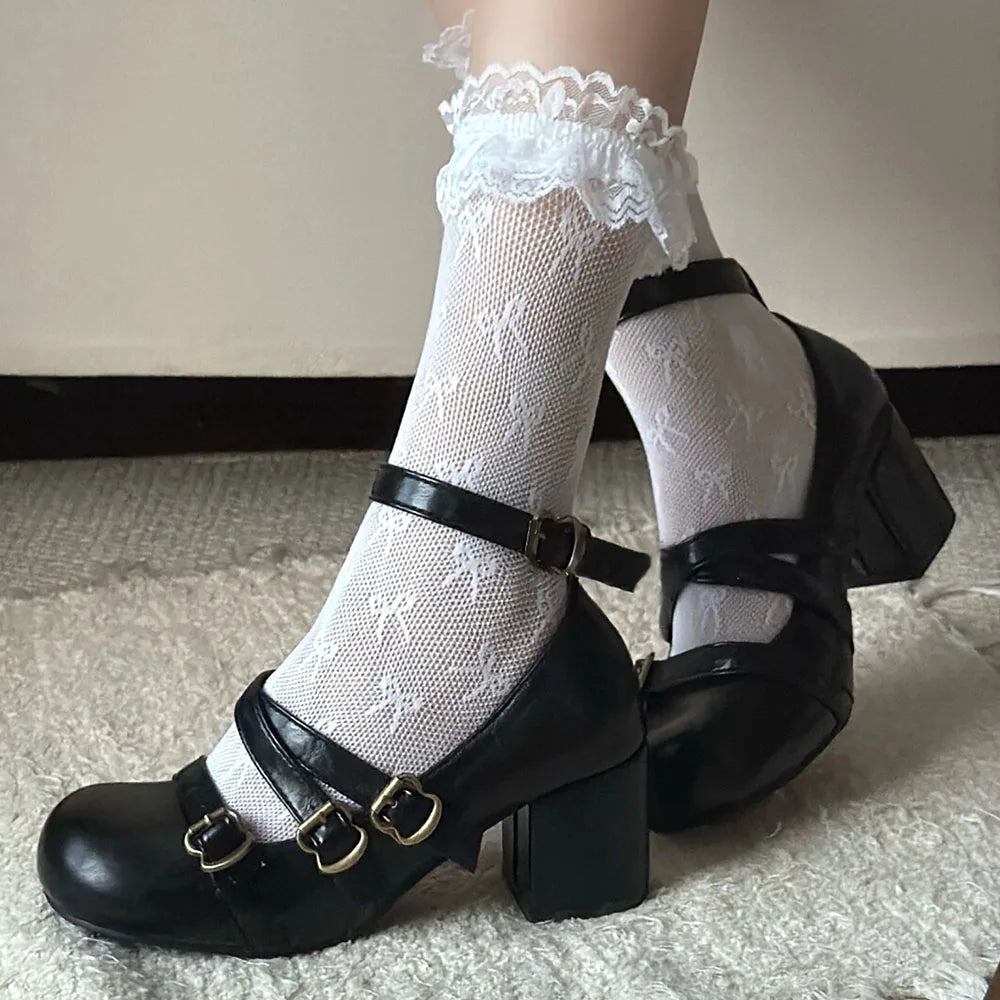 LIZAKOSHT  -  Gothic Retro Black Bucke Straps Pumps Vintage Brown Mary Janes Shoes Women Cute Burgundy Lolita 6cm Block High Heels Pumps