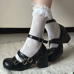 LIZAKOSHT  -  Gothic Retro Black Bucke Straps Pumps Vintage Brown Mary Janes Shoes Women Cute Burgundy Lolita 6cm Block High Heels Pumps