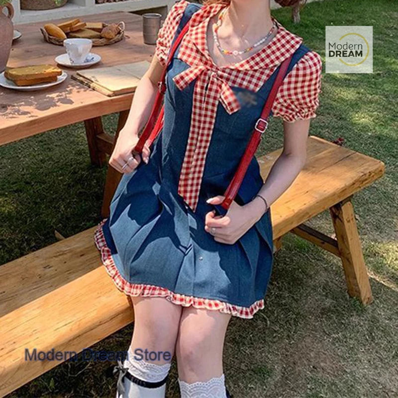 LIZAKOSHT  -  Sweet red plaid contrast temperament bow dress female summer new fake two-piece puff sleeves waist pleated stitching skirt