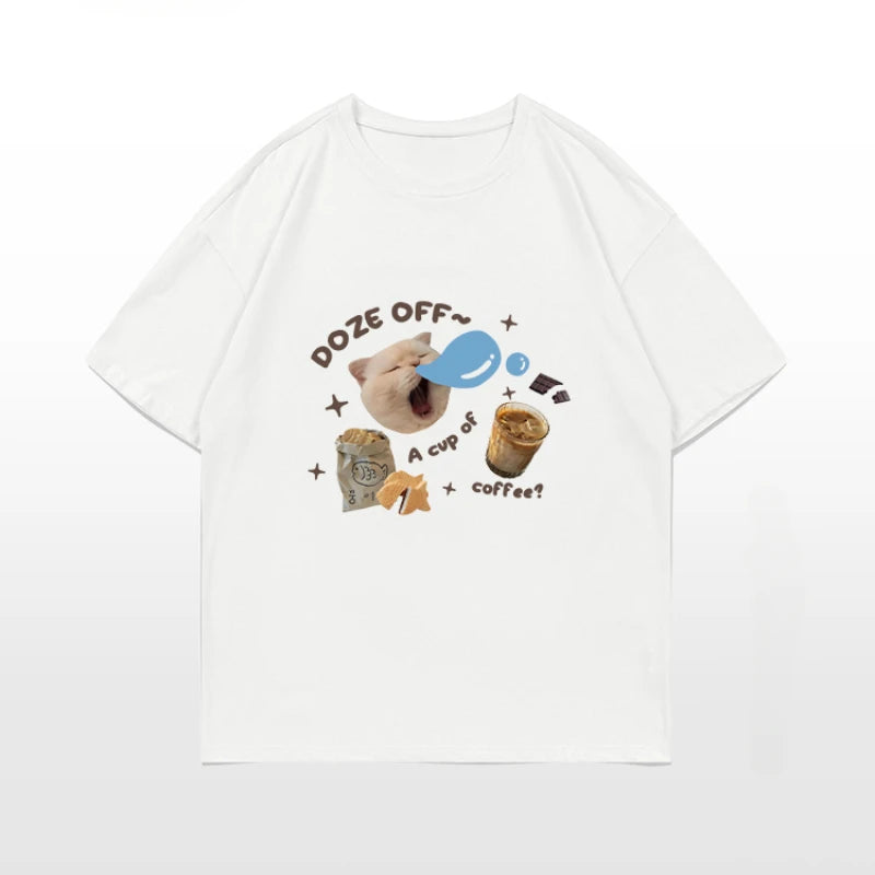 LIZAKOSHT  -  Korean Kawaii Cat Print T Shirt Women Oversized Streetwear Graphic Tees Y2k Kitten Cute Funny T-shirts Harajuku Female Clothing