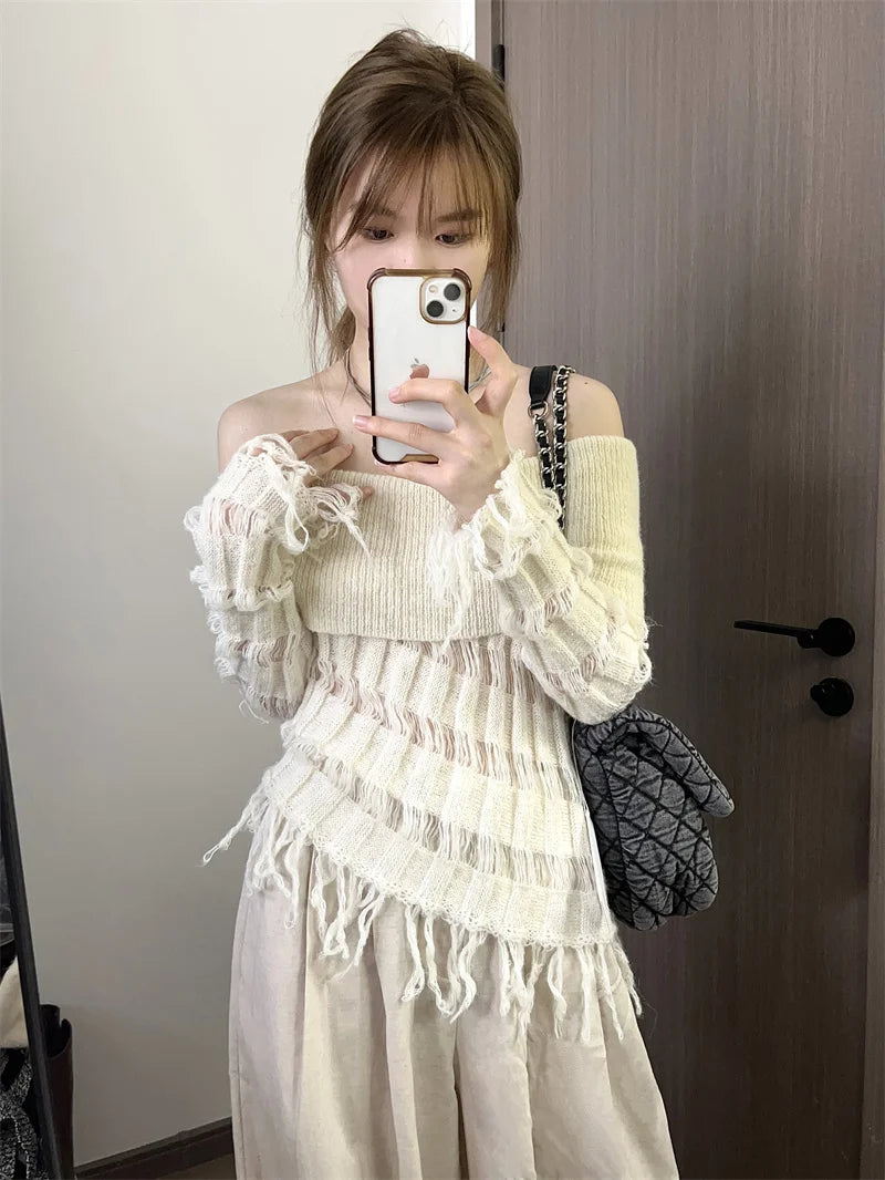 LIZAKOSHT  -  Women's White Pullover Knitted Sweater Harajuku Aesthetic Y2k Long Sleeves Slash Neck Sweaters Vintage 2000s Clothes Autumn