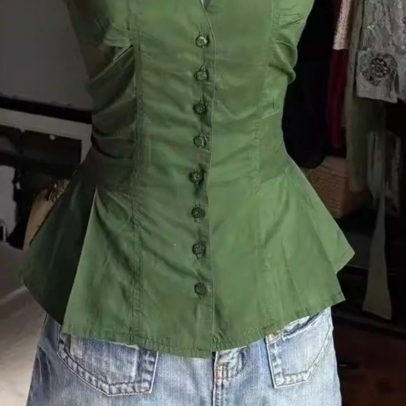 LIZAKOSHT  -  Y2k Short Blouses V Neck Solid Green Spring Summer Vintage Women Shirts Japanese Style Versatile Blusas Mujer