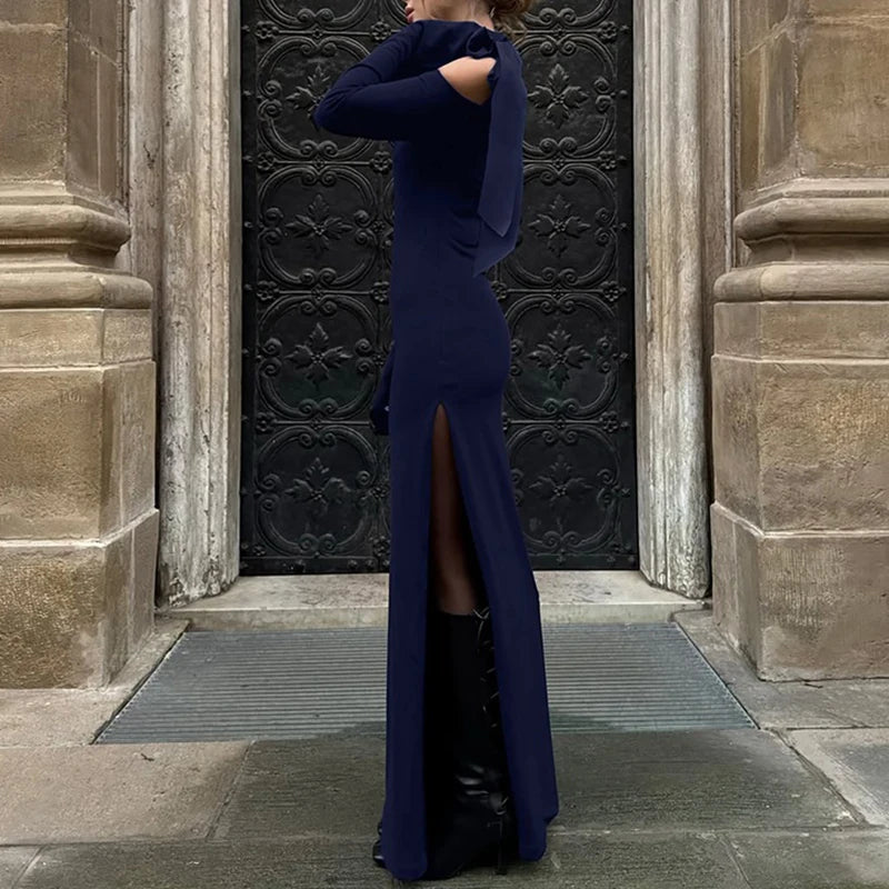 LIZAKOSHT  -  Women's Elegant Long Sleeve Slim Fit Solid Off Shoulder Skew Collar Strappy Side Slit Maxi Dress Casual Sexy Y2K Streetwear