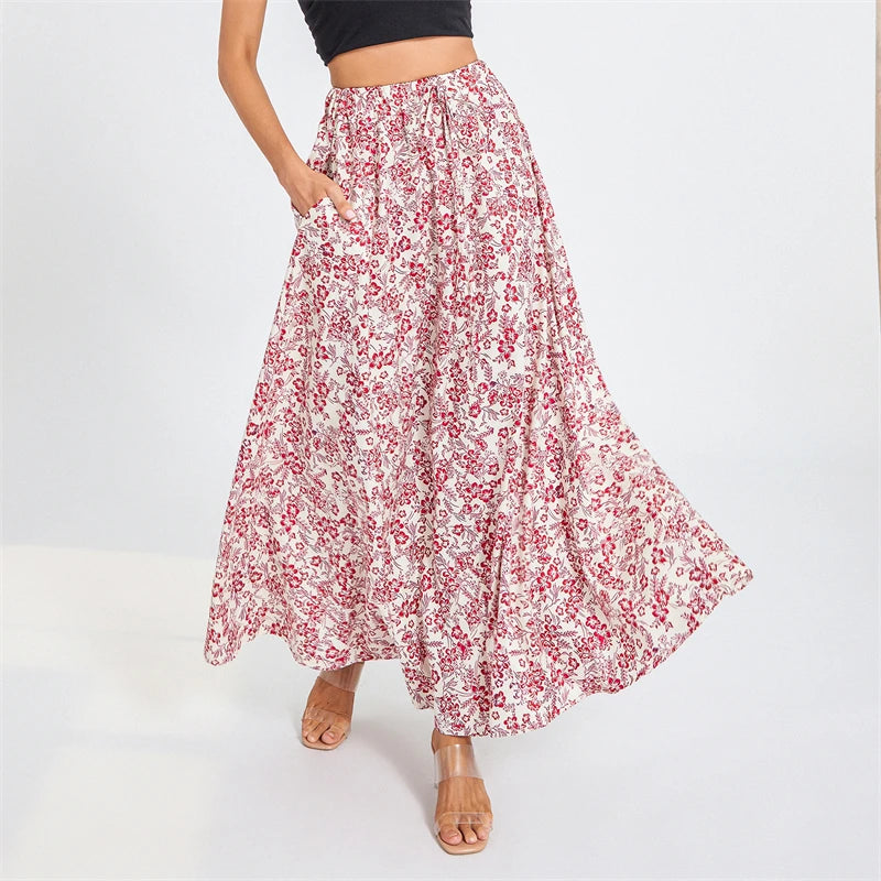 LIZAKOSHT  -  Women Summer Floral Print Swing Long Skirts Casual Elastic Waist Drawstring Flared A-Line Skirt