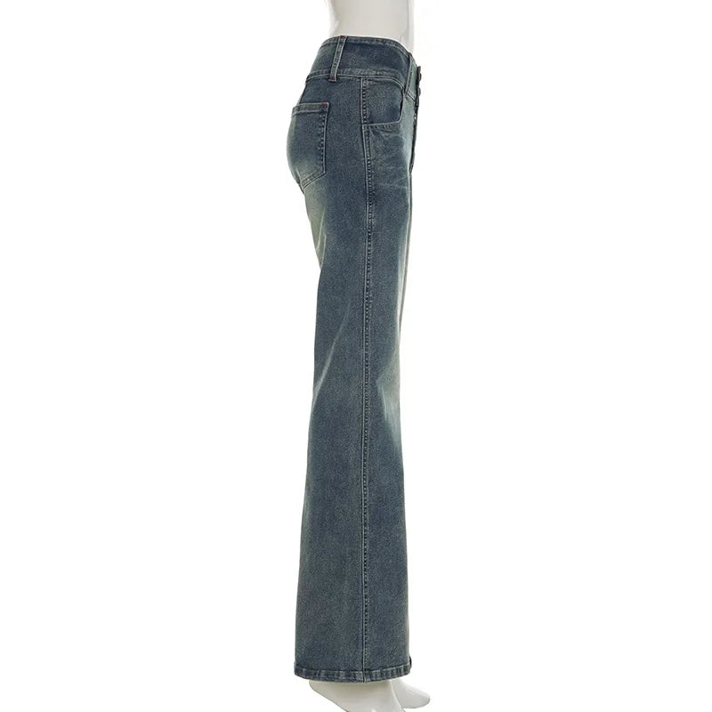 LIZAKOSHT  -  Personality street vintage low-rise jeans breasted slim trousers straight loose women's wide-leg pants