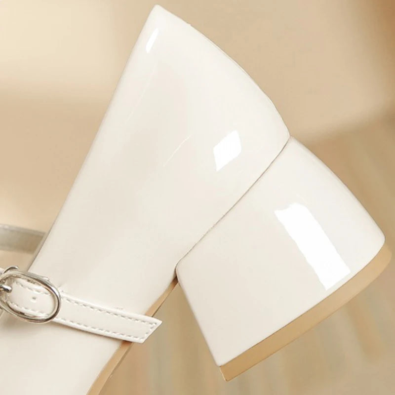 LIZAKOSHT  -  Women 5cm High Heels Cute Valentine Pumps Female Patent Leather Bow Square Heels Lady Elegant Metal Buckle Strap Mary Jane Shoes