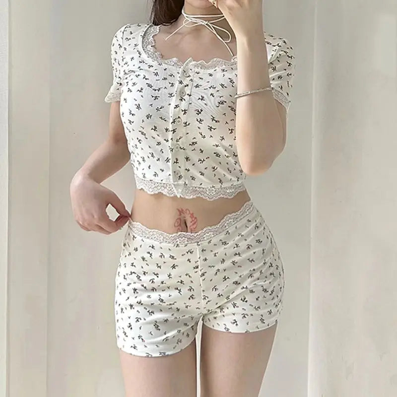 LIZAKOSHT  -  Suits Printed Tracksuits Women Sleepwear Regular Casual O-Neck Slim Skinny Fashion Sexy 2 Pieces Suit Sets (Tops+ Shorts)