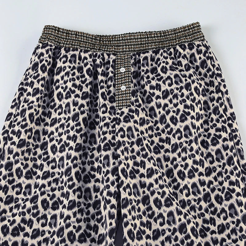 LIZAKOSHT  -  Leopard Print Patchwork Straight Pants Elastic Waist Fashion Harajuku Trousers Aesthetic 2000s Casual Baggy Bottom