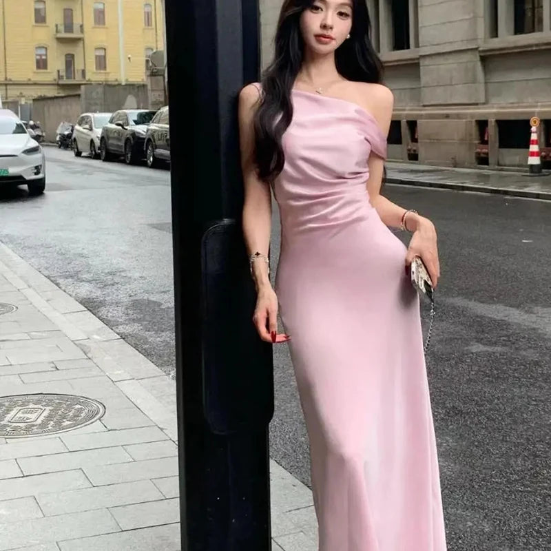 LIZAKOSHT  -  Satin Sexy Off Shoulder Dress Women Pink Skinny Elegant Soft Dress Classic Fashion Party Evening Gown Sleeveless Lady Vestidos