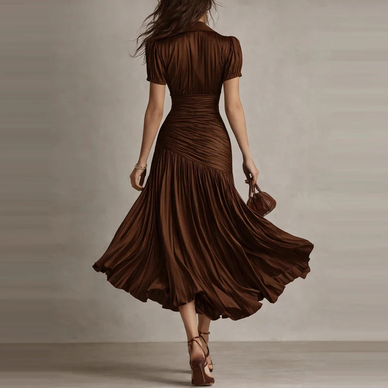 LIZAKOSHT  -  Temperament Lapel Short Sleeve Commute Dress Elegant Lady High Waist Pleated Dress Summer New Solid Color Simple Party Dresses