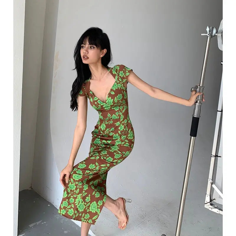 LIZAKOSHT  -  Sexy Elegant Girl Deep V-neck Fishtail Style Printed Dress Long Dress New Summer