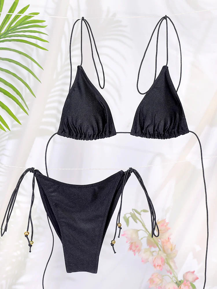 LIZAKOSHT  -  Triangle Bikinis Sexy Swimsuit Women's Swimwear High Cut Bathing Suit Push Up Two Piece Biquini Solid Tie Bikini Sets