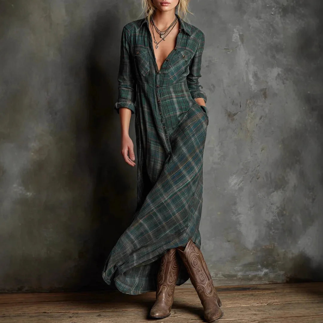 LIZAKOSHT  -  New Fashion Street Style Retro Women's Plaid Long Dress Europe Americ Straight Long Sleeve Elegant Woman Dress Vestidos