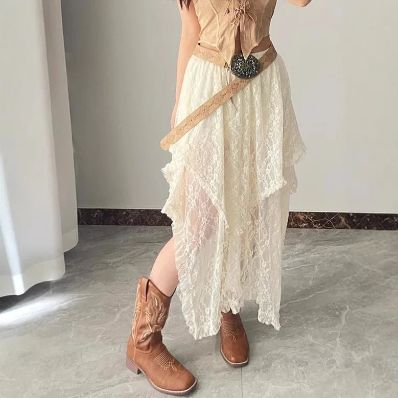LIZAKOSHT  -  Elegant Fashion Vintage Chic Irregular Hem A-line Skirts Holiday Skirts for Women Vintage Ruffles Floral Kintted Lace Streetwear