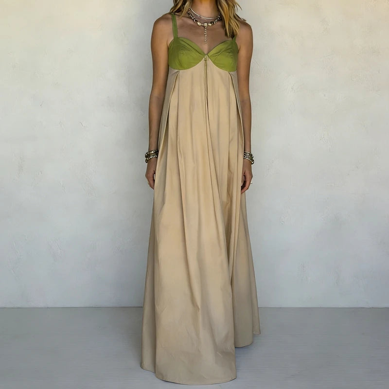 LIZAKOSHT  -  Women Loose Fit Maxi Dress Summer Sleeveless Patchwork Contrast Color Flowy Dress Beach Party Back Tie Long Dress