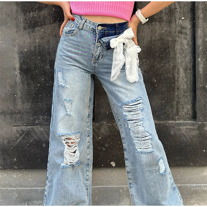 LIZAKOSHT  -  Y2k Bow Lace Ripped Holes Woman's Denim Pants Baggy Wide Leg Jeans Dragging Hollow Out Fashion Chic Casual High Street Pants
