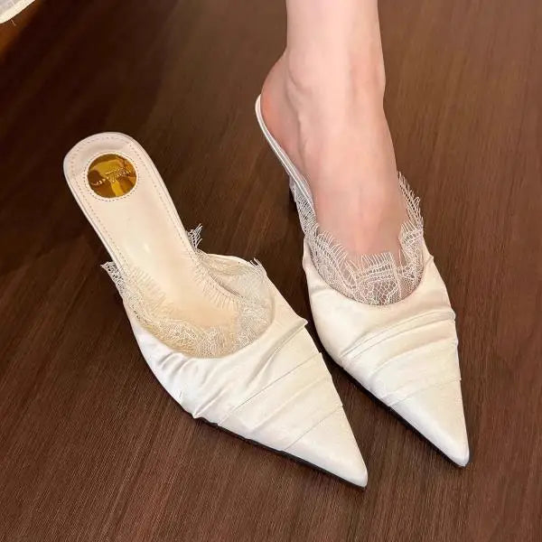 LIZAKOSHT  -  Pointed Toe Mules For Women 2025 Female Shoes Slippers Summer Thin Heels Lace Slides New Cover High Sexy Thin Heels Slippers Wom