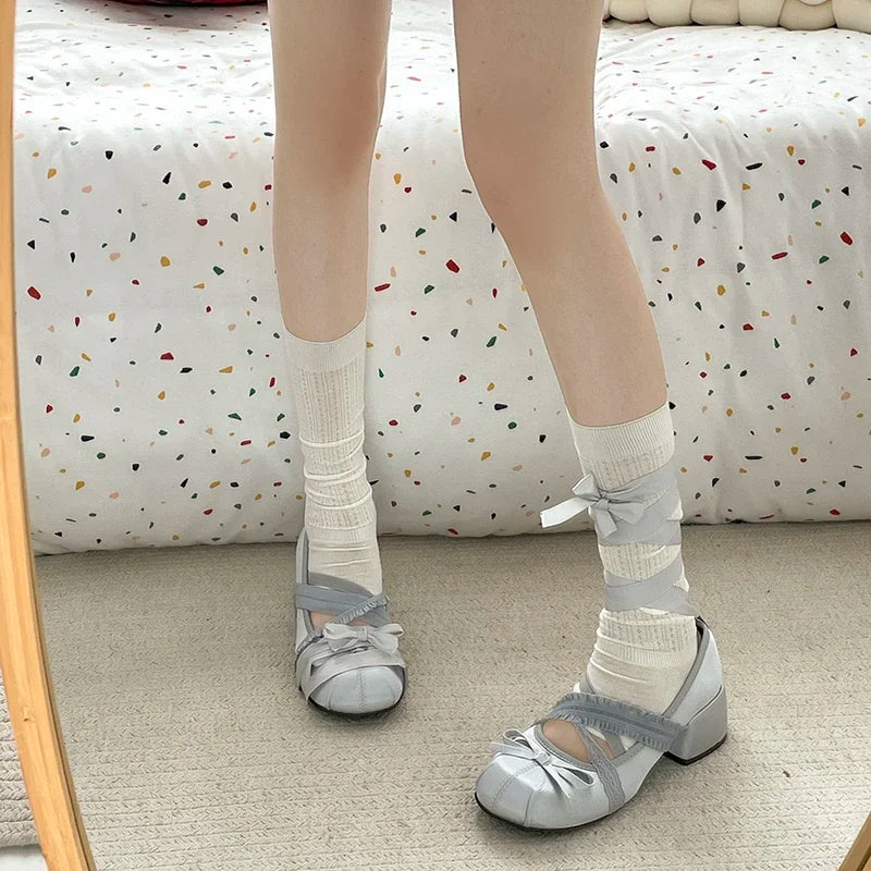 LIZAKOSHT  -  Lace Cross Strap Women Mary Jane Shoes Fashion Sweet Butterfly-knot Thick Heel Shoes Spring Autumn Ladies Elegant Dress Pumps