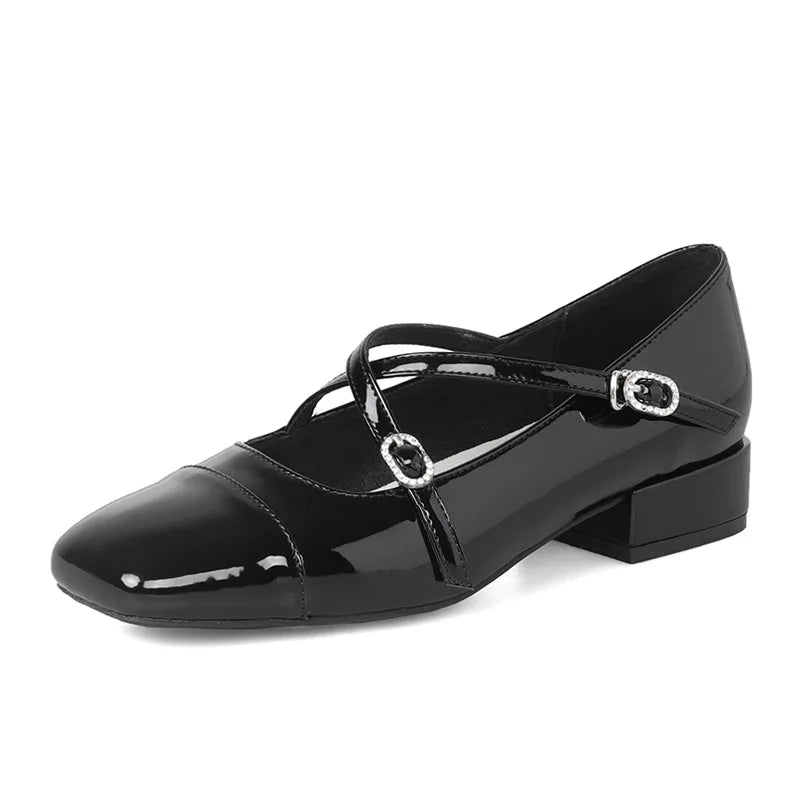 LIZAKOSHT  -  japanned leather cross band pumps women square toe low heel mary janes shoes woman crystal buckle zapatos de tacón mujer