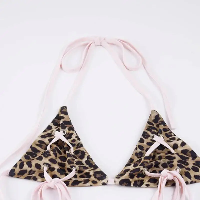LIZAKOSHT  -  Women Leopard Print Bikini Set With Neck Strap Bra Patchwork Contrasting Low Waist Shorts Two Piece Set Summer Sexy Beach Suit